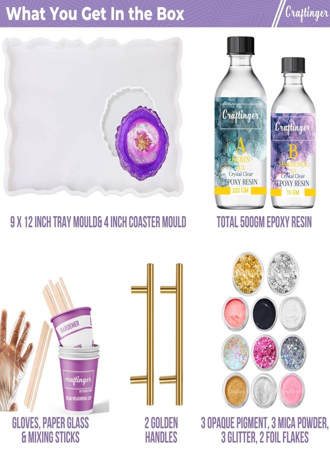 Craftinger DIY Resin Tray & Coaster Making Kit Includes 600 gm Epoxy 9x12 Agate Mould with 4" Moulds Color and More - Image 2